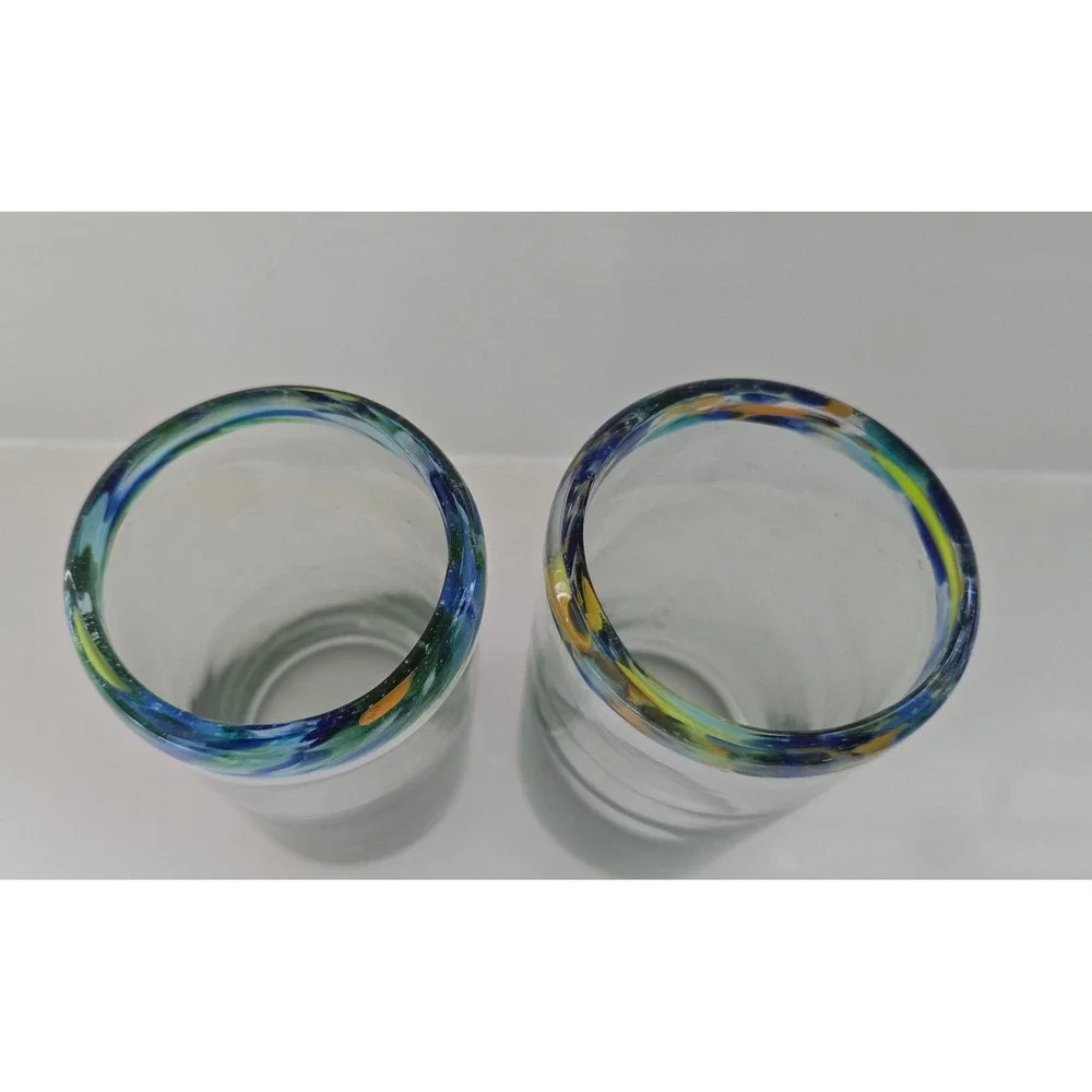 Mexican Hand Blown‎ Highball Glasses Confetti Swirl Rim Recycled Glass Set of 2